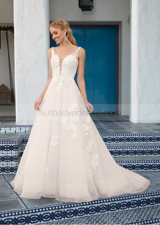 Ivory Lace Organza Deep V Back Simple Wedding Dress